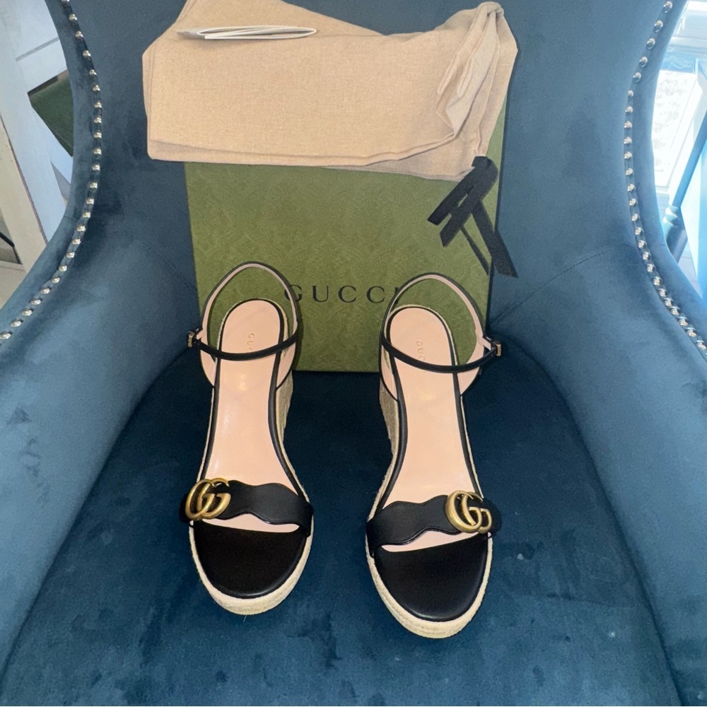 New Size 42 Gucci Aitana Espadrille Wedge Sandals Black - Picture 3 of 7
